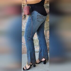 Apollo Women's Western Boho Embroidered Blue Jeans Stretch Ramie/Cotton XL